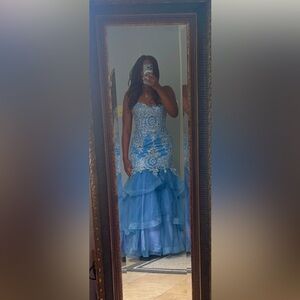 Prom dress from Camille La Vie. Blue color, Rhinestones, and strapless. Size 4